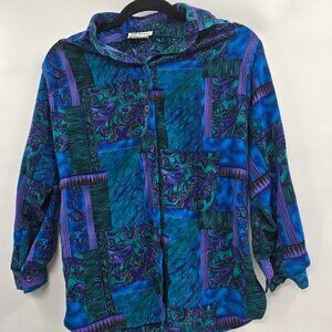 Vintage All Hours Blue Green Purple Abstract Long Sleeve Buttoned 80s Blouse XS